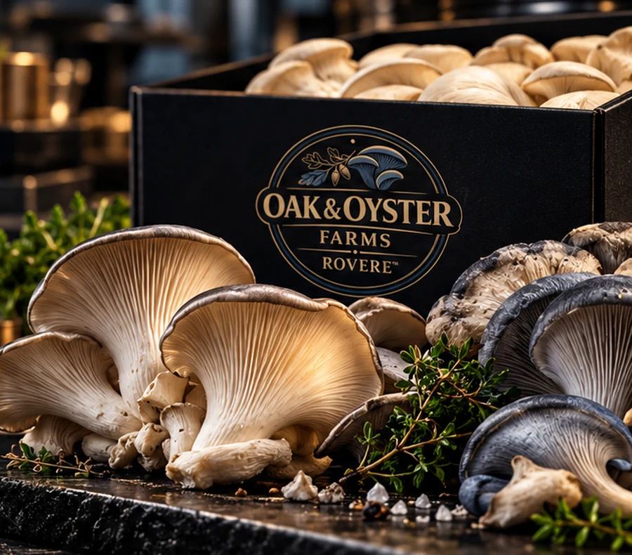 Premium oyster mushrooms in a professional chef's kitchen